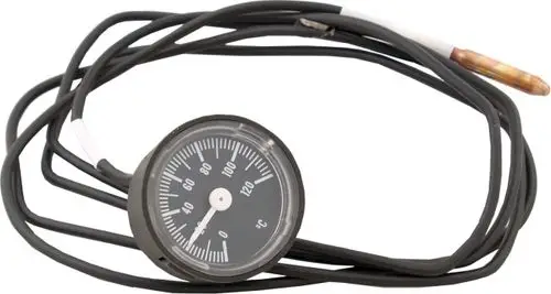 Fernthermometer von Wolf mit einem runden Ziffernblatt und einer Temperaturanzeige bis 120 °C, verbunden durch Kabel mit einem Sensor.